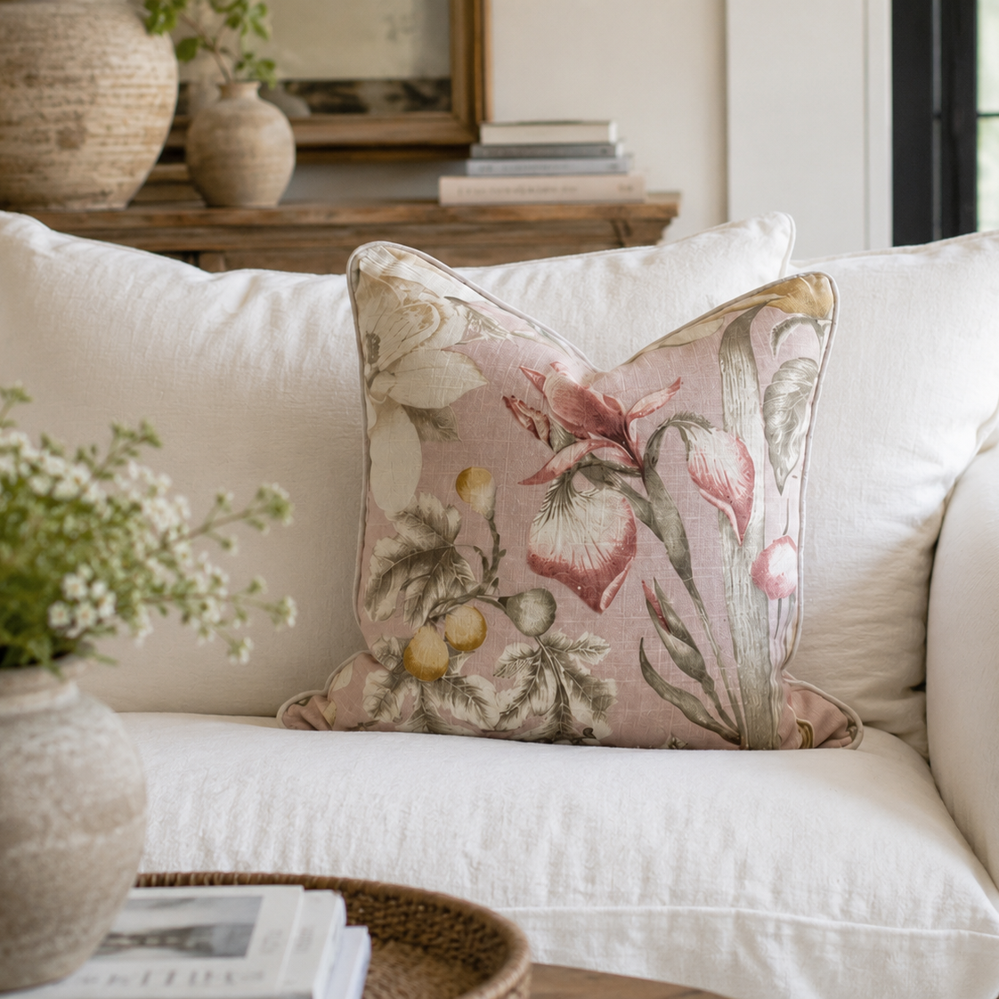 Soft Pink Magnolia & Fig Linen Cushion 50cm x 50cm