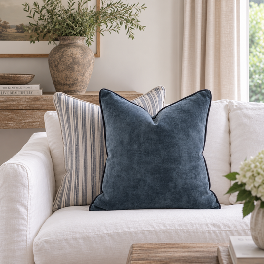 A navy blue velvet throw pillow with black piping is styled on a white sofa next to a striped pillow in a bright, neutral-toned living room.