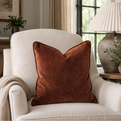 A rust-brown velvet square throw pillow with a V-shaped top detail, styled on an off-white armchair in a cozy, sunlit living room setting.