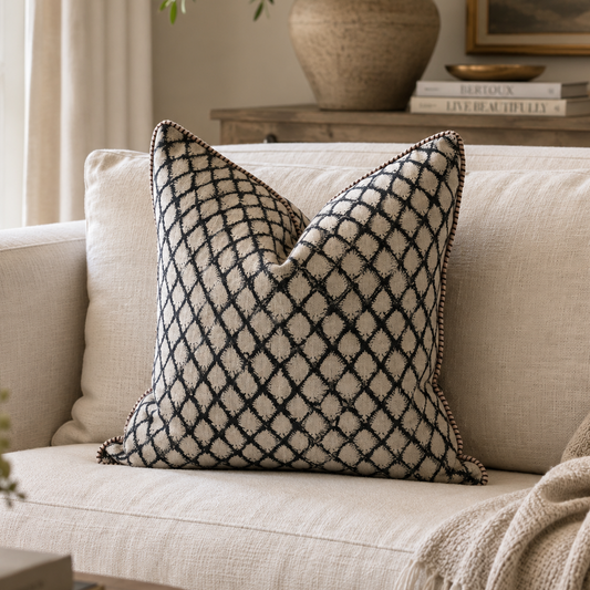 Cypress Navy Blue Block Printed Linen Cushion 50cm x 50cm
