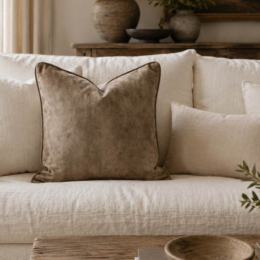 A square taupe velvet throw pillow with dark piping, styled on a cream linen sofa in a warm, neutral-toned living room setting.