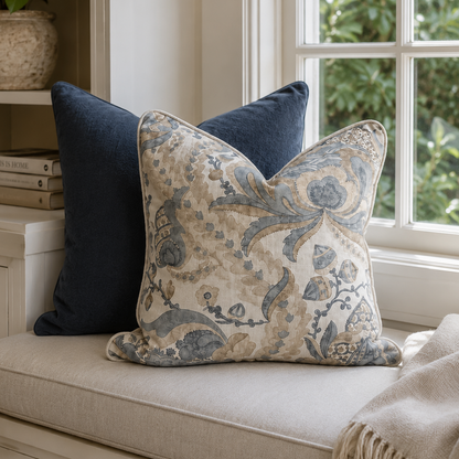 A decorative throw pillow with a beige and slate blue floral pattern sits on a cream upholstered bench in a bright room, with a navy pillow and a beige throw blanket nearby.
