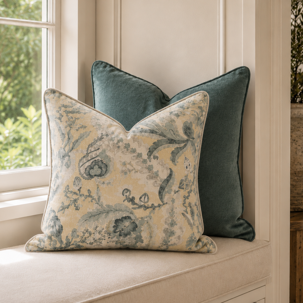Two decorative throw pillows on a window seat: a front cream pillow with a blue toile-style floral pattern and a back solid dark teal pillow, set in a bright room with a window and potted plant.