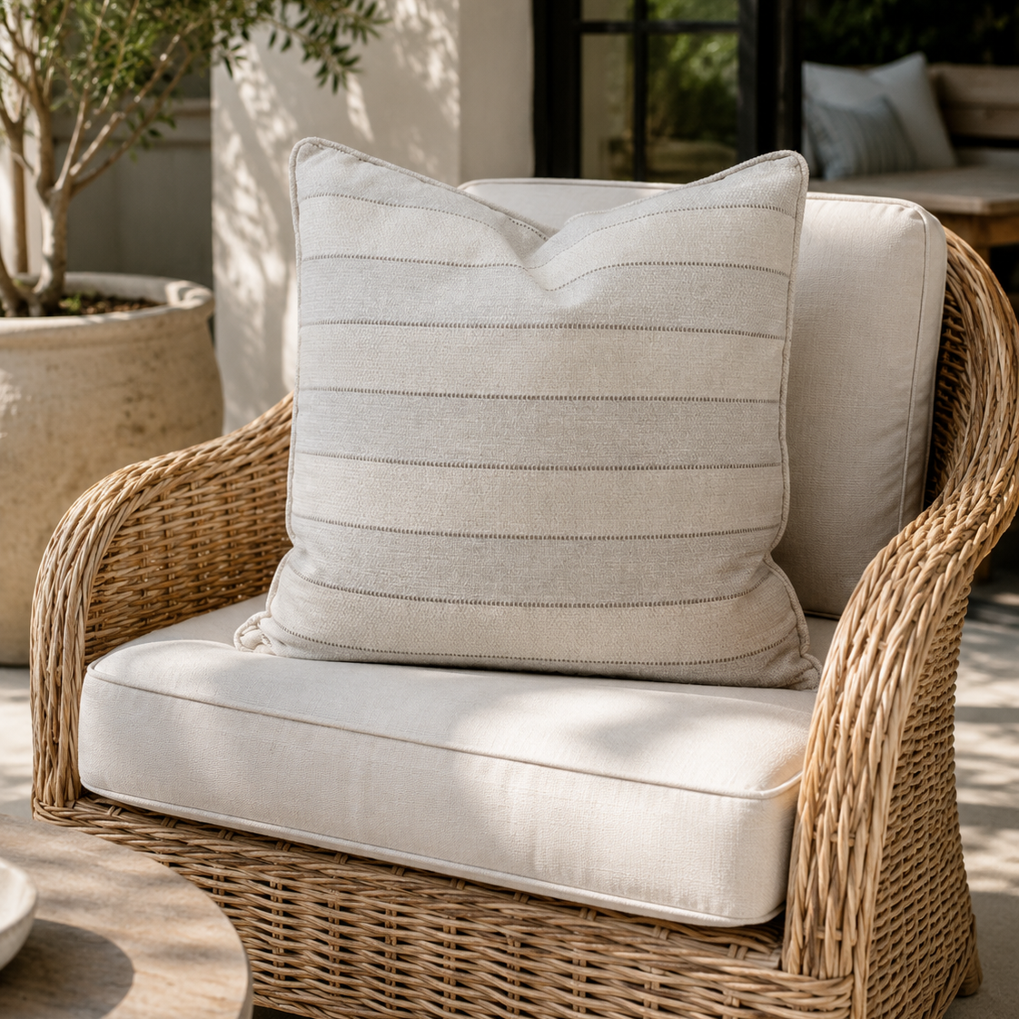 A beige outdoor accent pillow with horizontal stitched stripes, resting on a wicker patio chair with cream cushions in a sunlit patio setting.