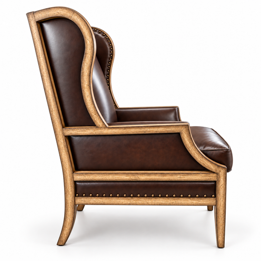 Laurel Exposed Wood and Leather Wing Armchair