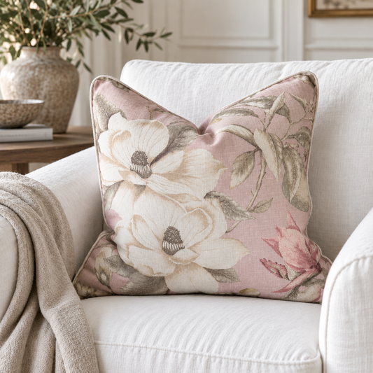 Soft Pink Magnolia & Fig Linen Cushion 50cm x 50cm
