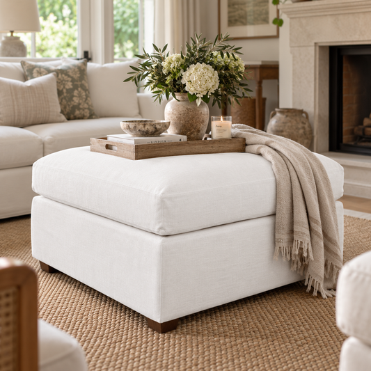 Sorgues White Linen Slipcover Square Ottoman