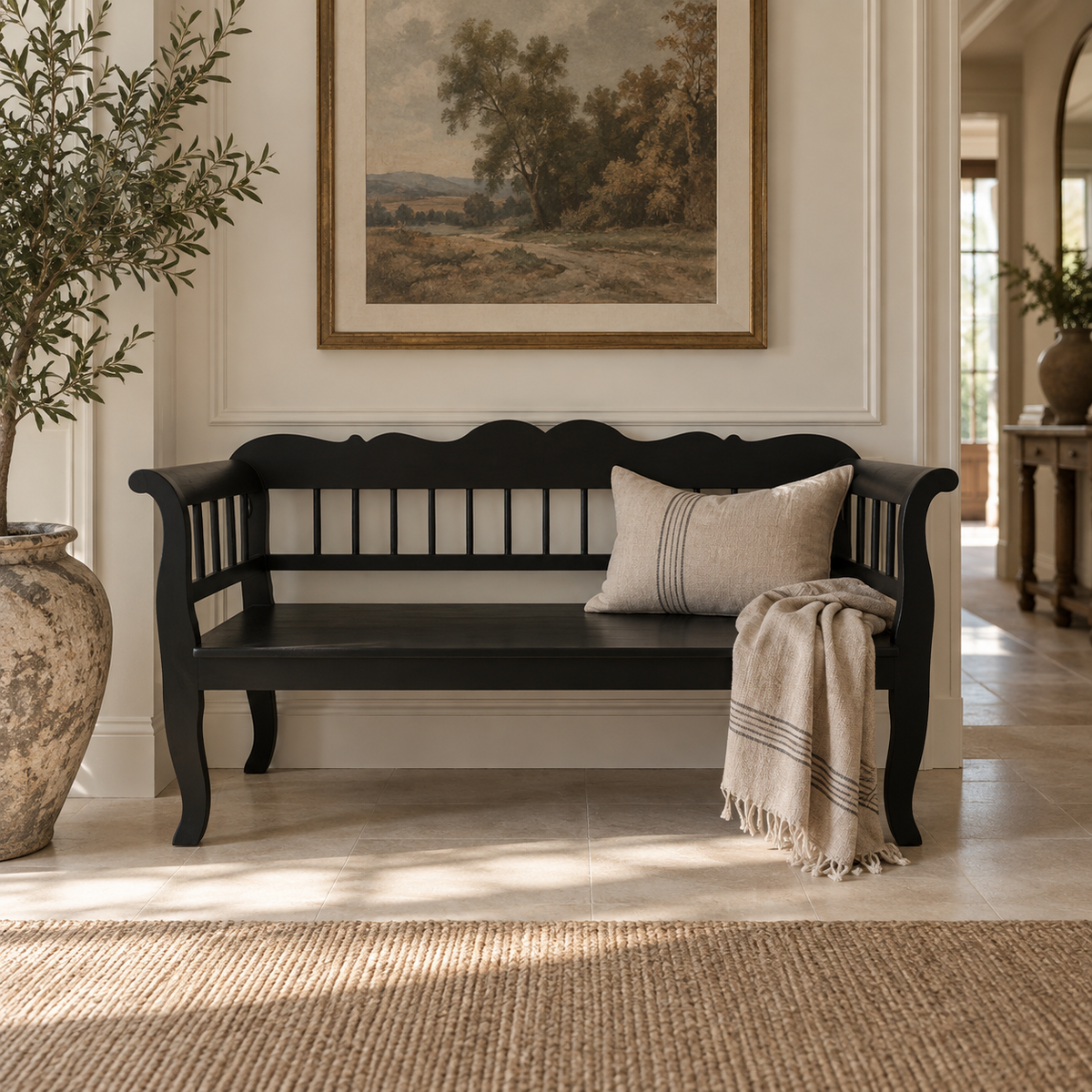 Bruges Handcarved Black Teak Bench