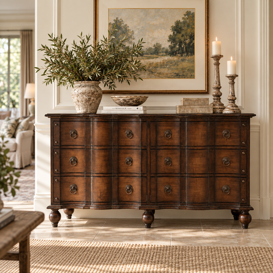 A dark brown wooden chest of drawers with multiple drawers and round metal knobs, styled in a classic living room setting with a potted olive branch, books, candles, and a framed landscape painting above it.