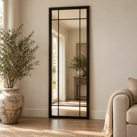 A tall, narrow floor mirror with a black metal frame and grid design, styled in a bright living room next to a large potted plant and a beige sofa.