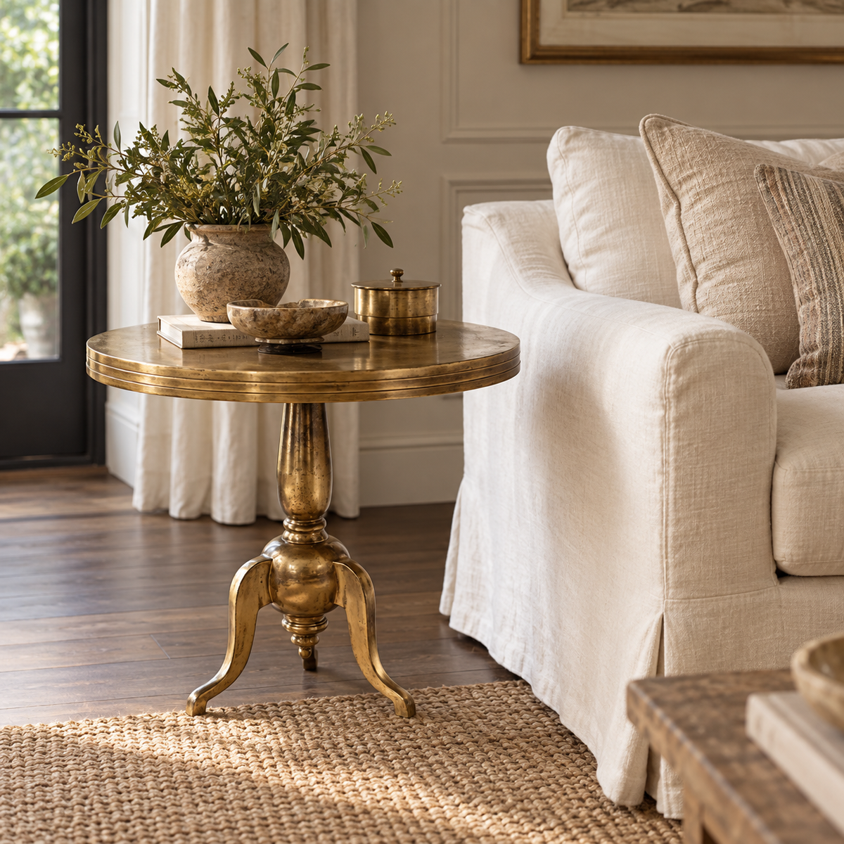 A round gold-finished pedestal side table in a styled living room, holding a vase with greenery, a small bowl, and a decorative tin, next to a cream slipcovered sofa.
