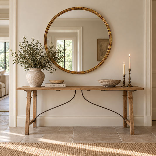 A round gold-framed mirror hangs on a beige wall above a rustic wooden console table styled with a large ceramic vase of greenery, books, bowls, and two lit candlesticks in a bright, sunlit room.
