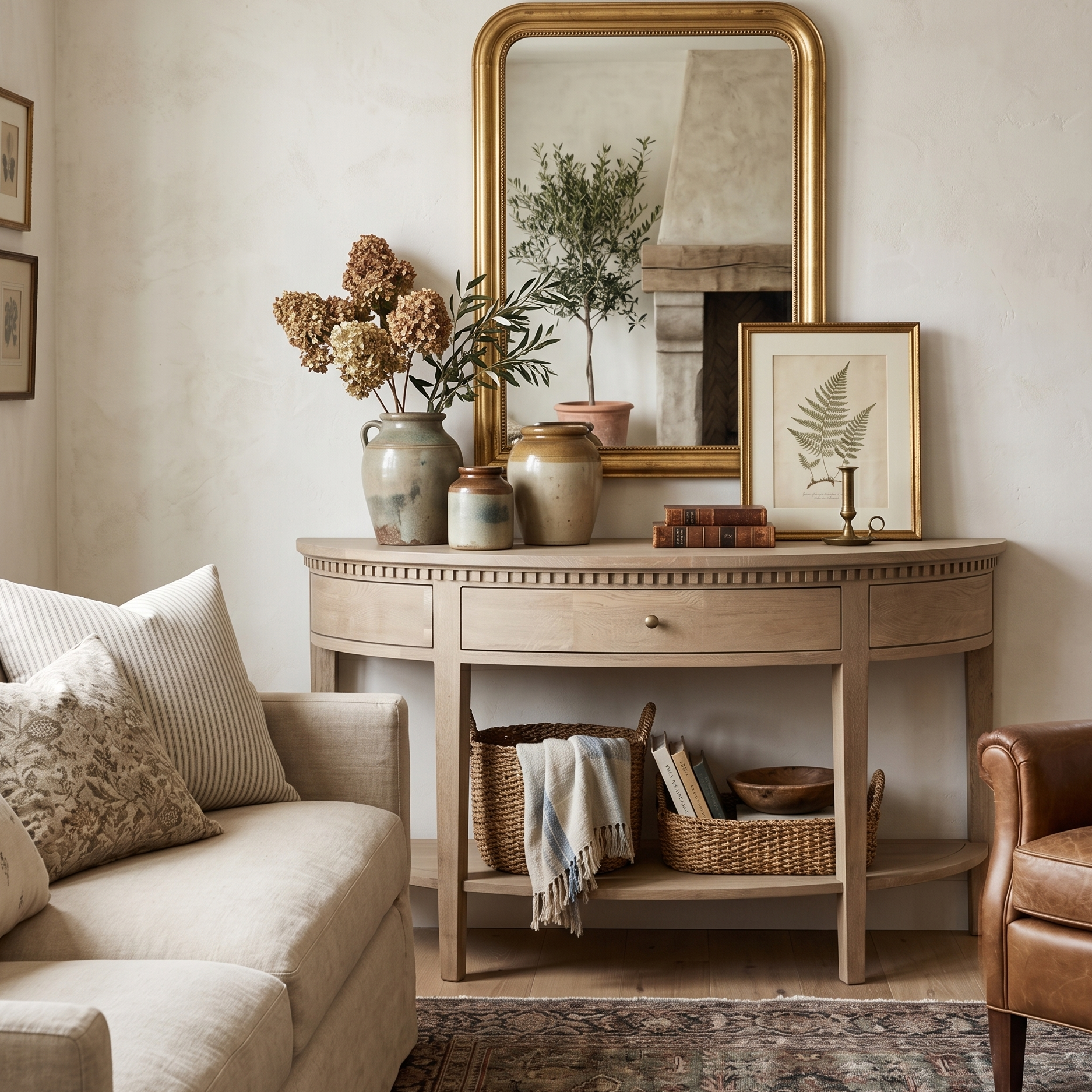 Living room with beige sofa, brown armchair, and wooden console table with decorative items.