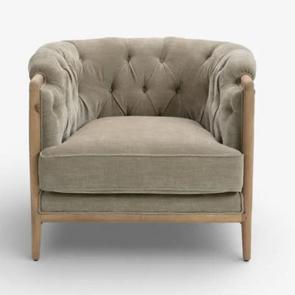 Beige armchair with wooden frame on a white background