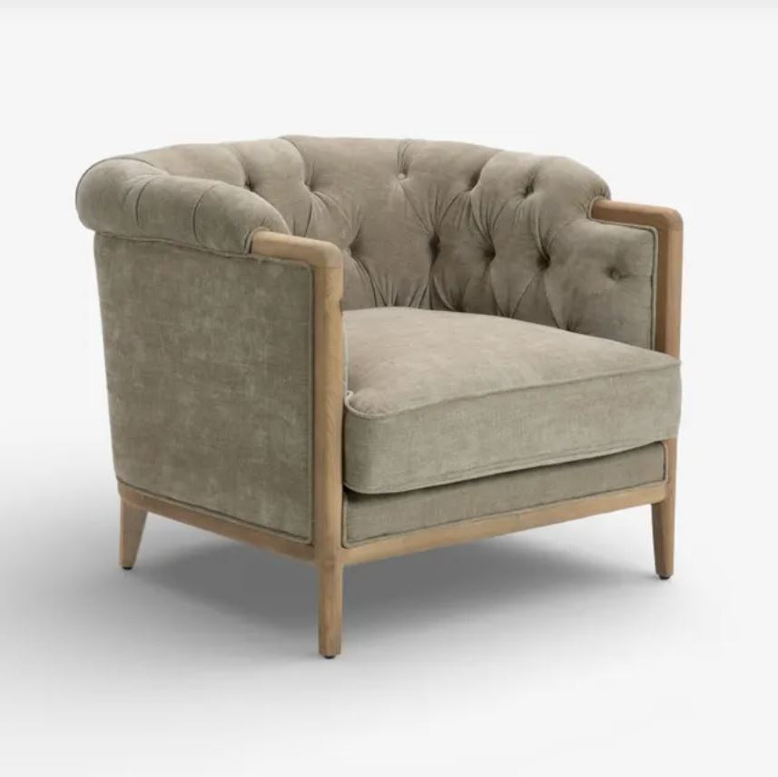 Gray armchair with wooden frame on a white background