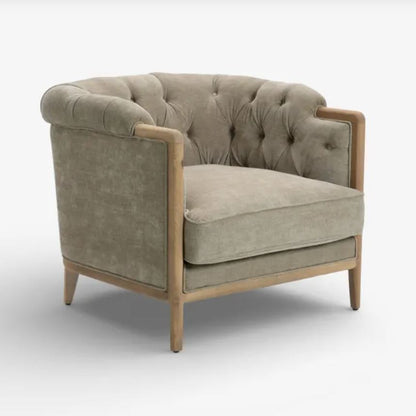 Gray armchair with wooden frame on a white background