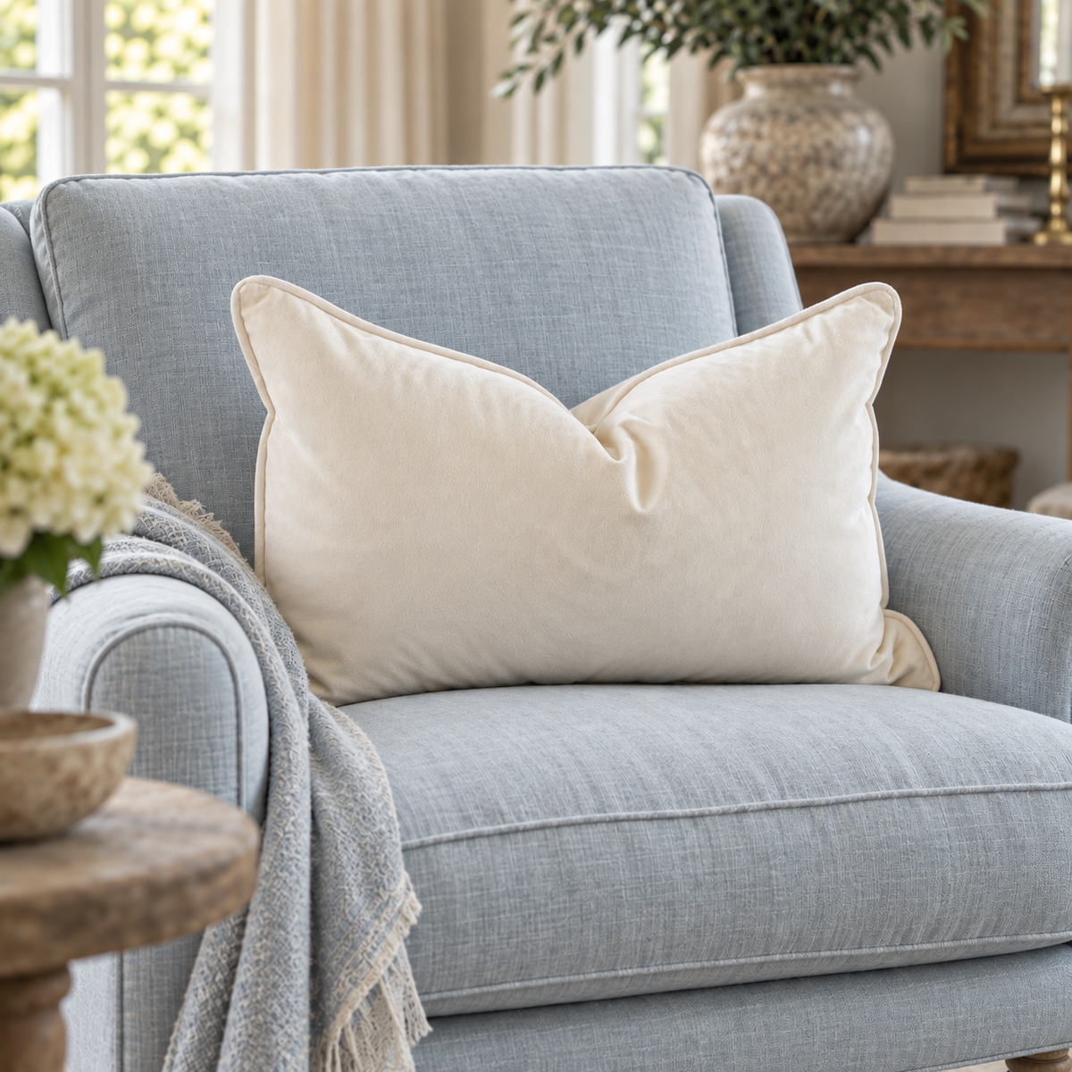 Ivory Velvet Lumbar Cushion 35cm x 55cm