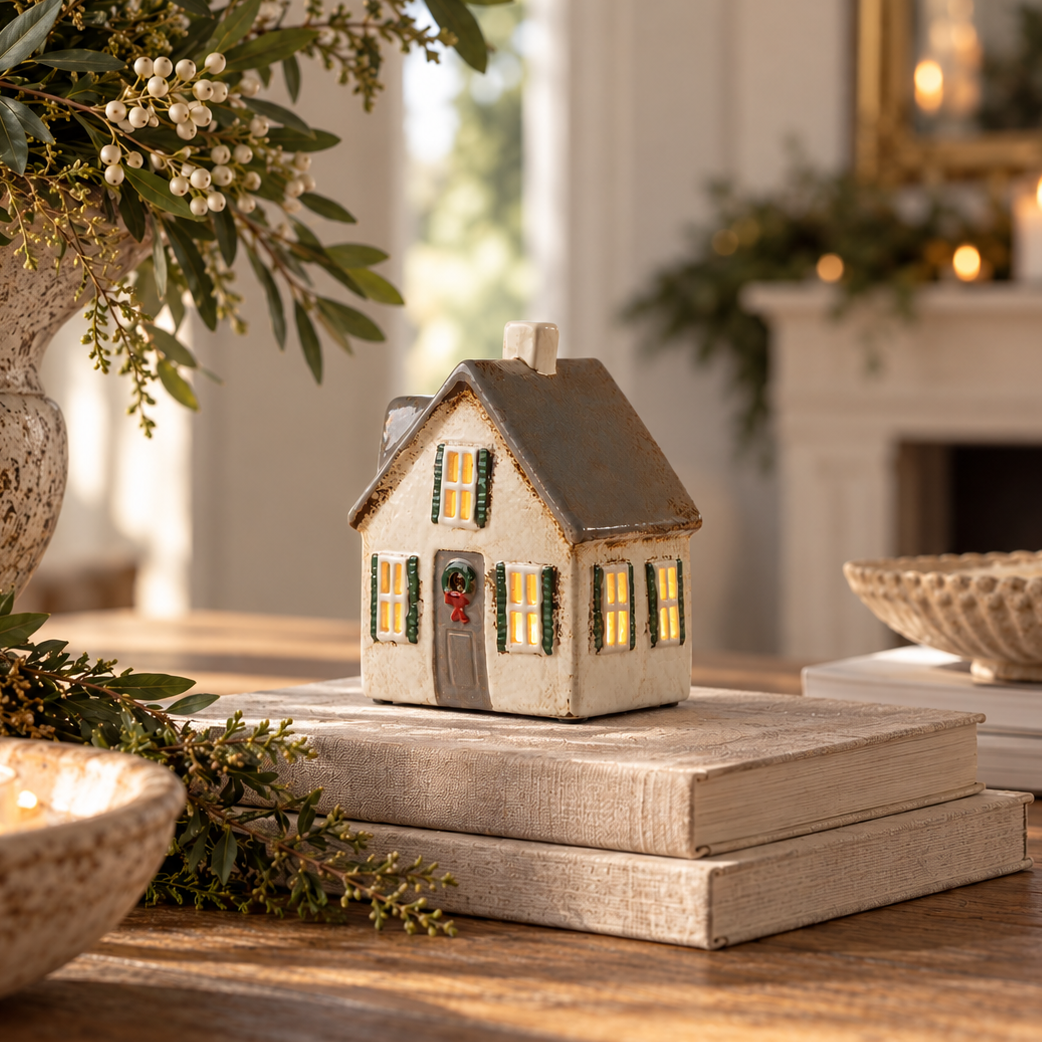 Scandinavian Villa Tea Light House with Bow Wreath