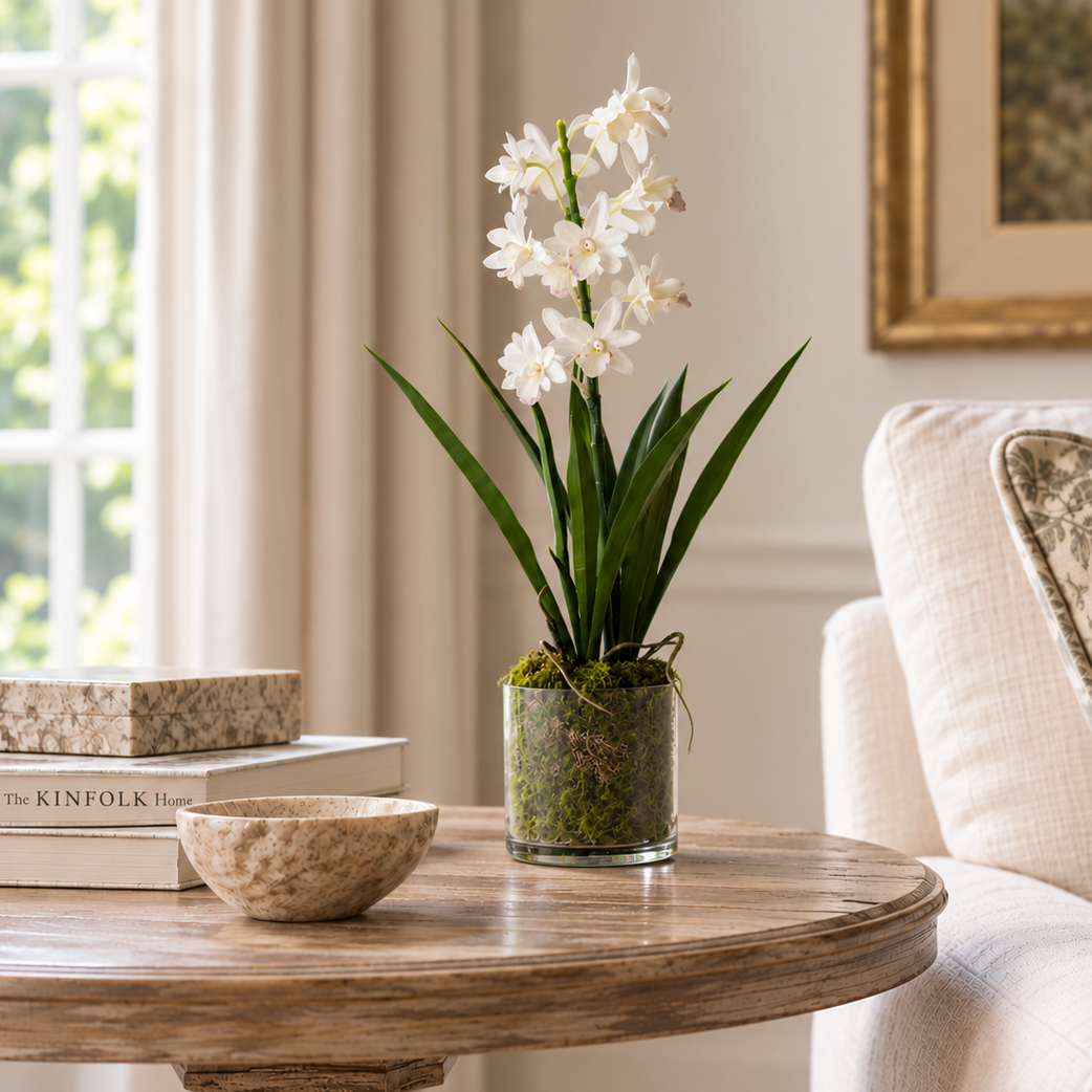 A white orchid plant in a clear pot with green moss sits on a round wooden table in a softly lit living room beside a cream sofa and patterned pillow.