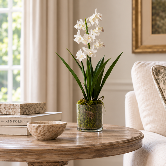 A white orchid plant in a clear pot with green moss sits on a round wooden table in a softly lit living room beside a cream sofa and patterned pillow.