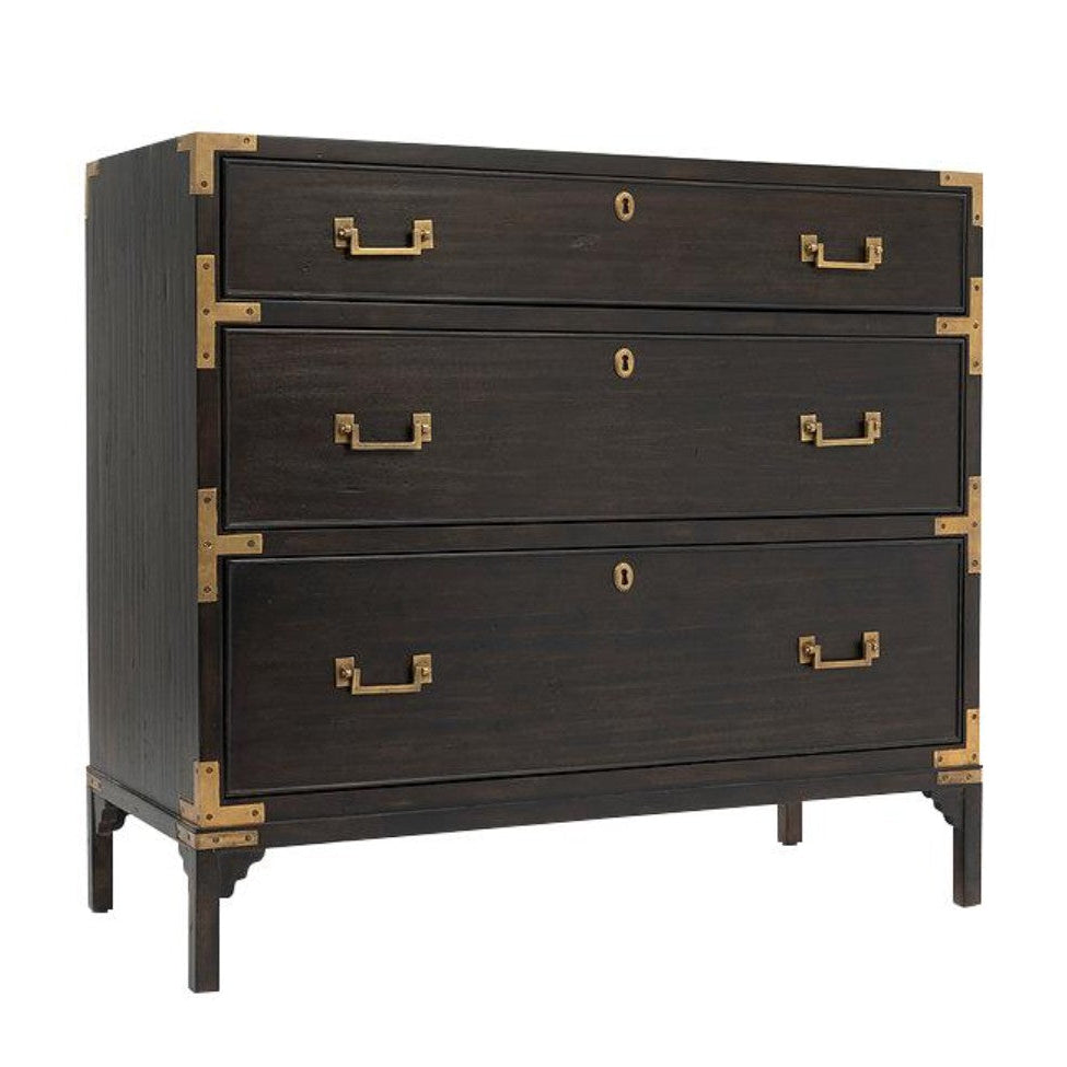 A three-drawer chest of drawers in a dark brown wood finish with brass corner guards and drawer pulls, shown on a plain white background.