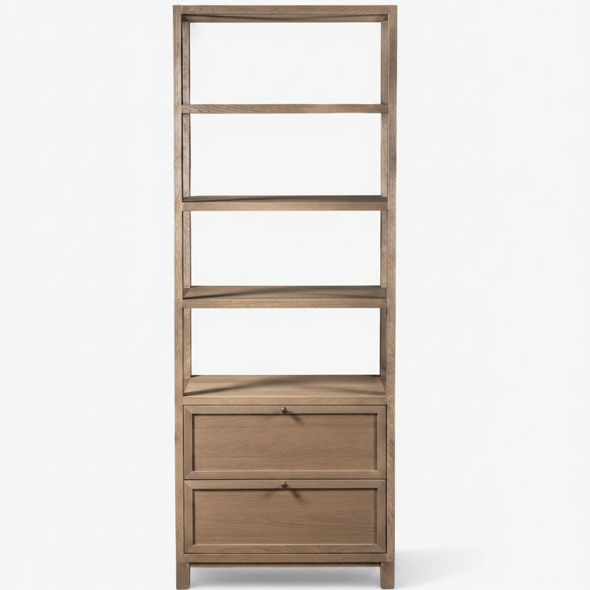 Wooden corner shelf with multiple shelves and a drawer on a white background