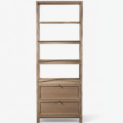 Wooden corner shelf with multiple shelves and a drawer on a white background