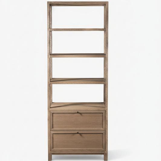 Wooden corner shelf with multiple shelves and a drawer on a white background