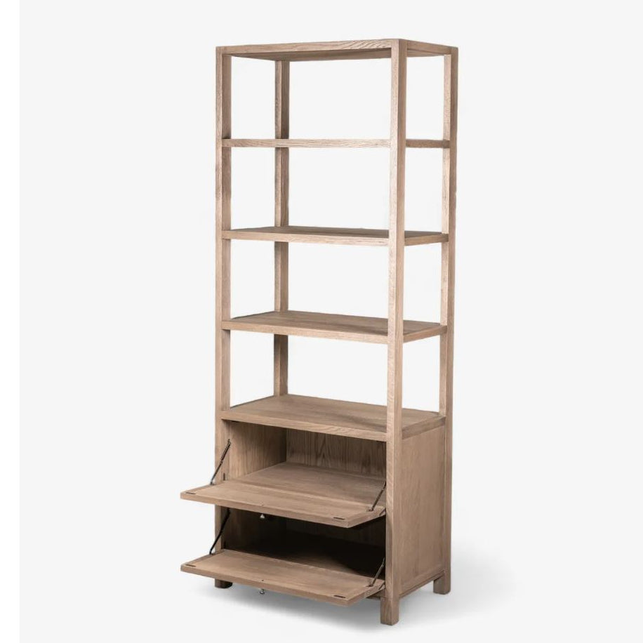 Wooden bookshelf with multiple shelves on a white background