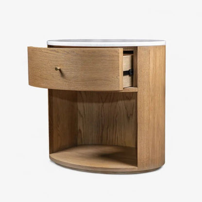 Wooden corner nightstand with a drawer on a white background