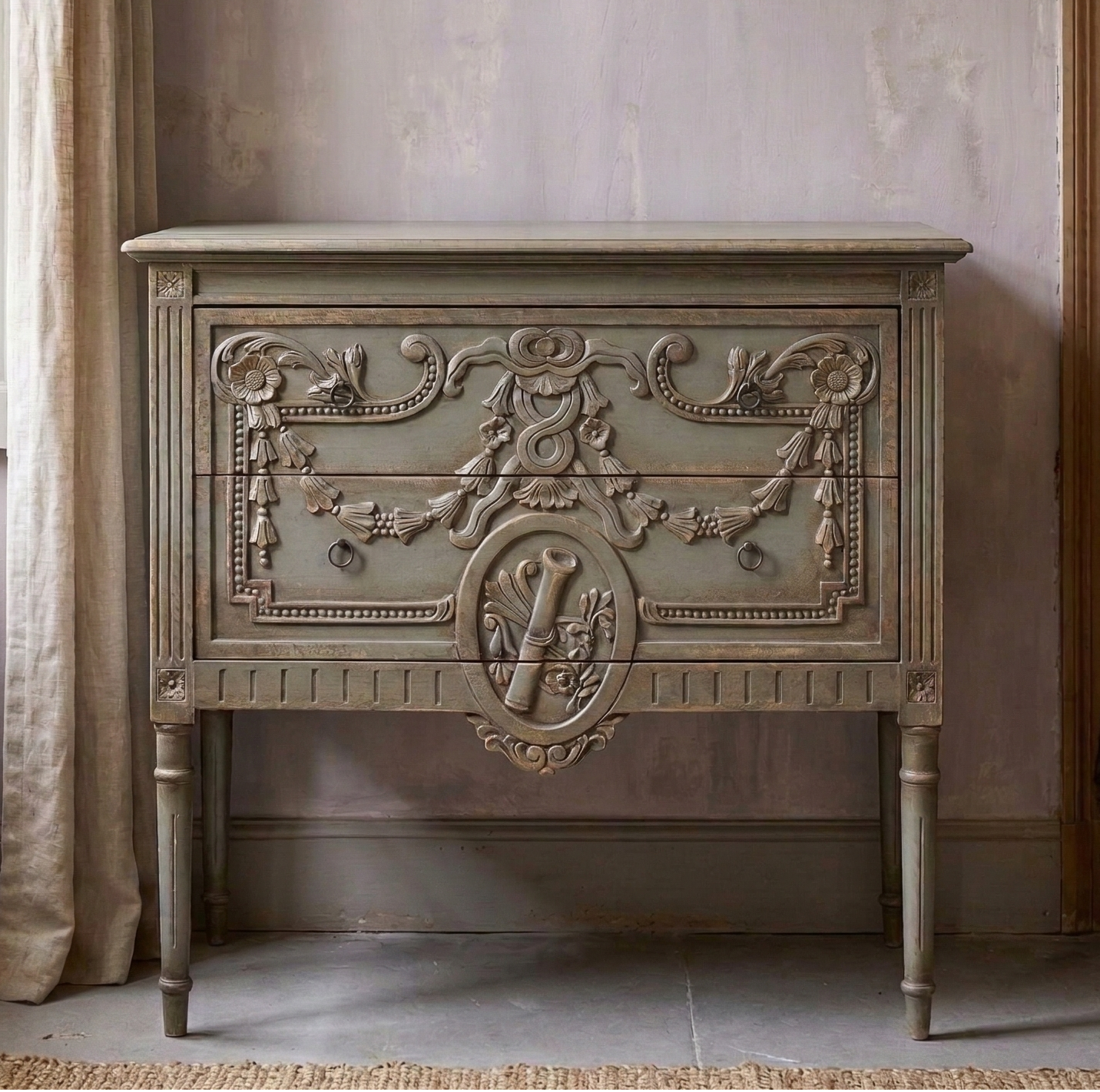 Decorative wooden cabinet in a room with a window and open door.