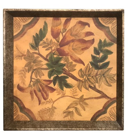 This oversized Botanical Print Tray featuring an aged&nbsp;gold border has many uses around the home. Its stylish design is suitable for ottomans, tables, dressers, and consoles, adding a touch of elegance to any living space.