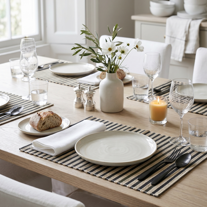 Dining table set with plates, glasses, and a vase of flowers in a bright room.