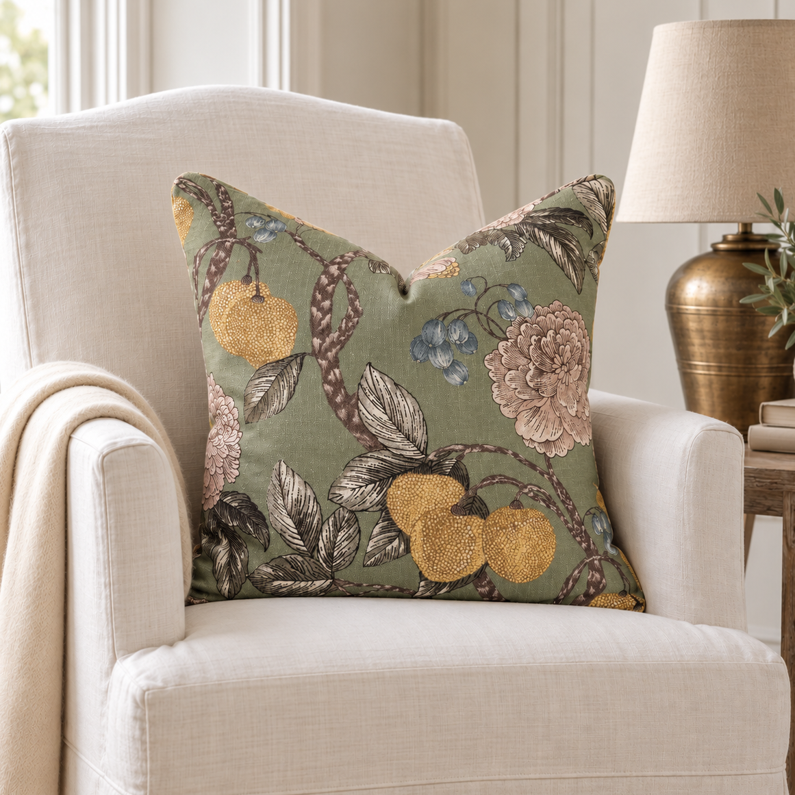 Valencia Green Floral Cushion 50cm x 50cm