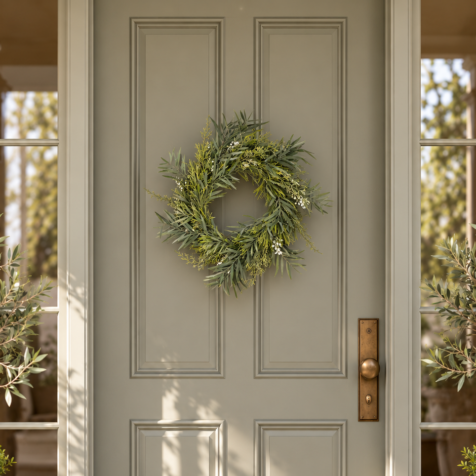 A green wreath made of pine branches hangs on a light gray paneled front door, flanked by potted olive trees and lanterns on a porch.