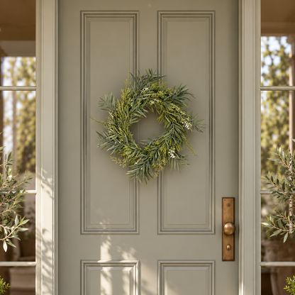 A green wreath made of pine branches hangs on a light gray paneled front door, flanked by potted olive trees and lanterns on a porch.