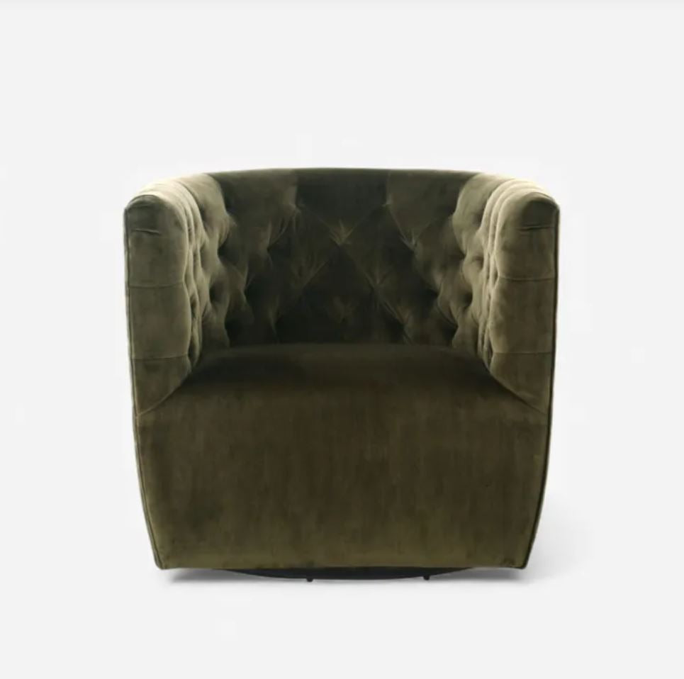 Ellis Velvet Swivel Armchair - Olive   In Stock & Ready To Ship