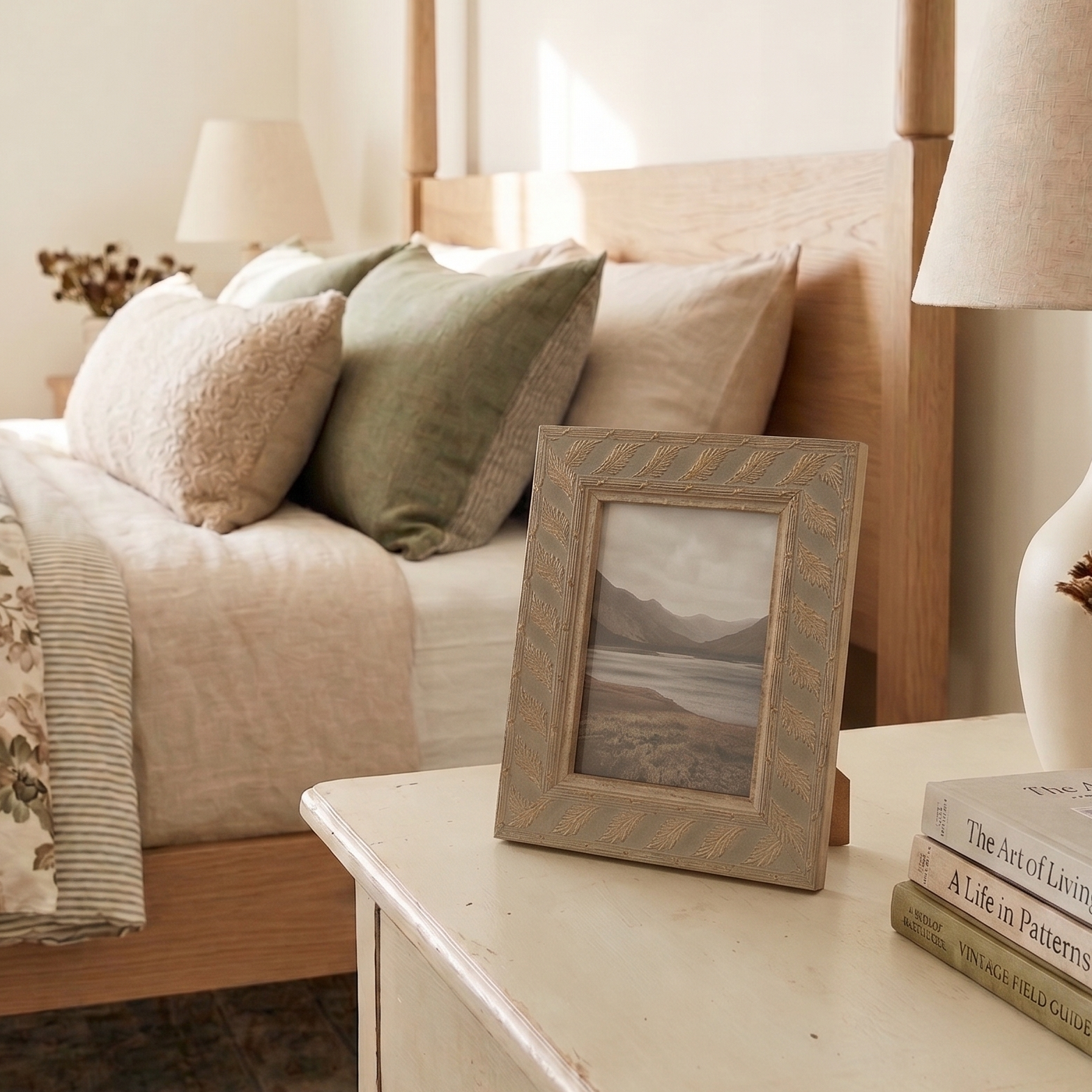 Cozy bedroom with a bed, nightstands, and decorative items.
