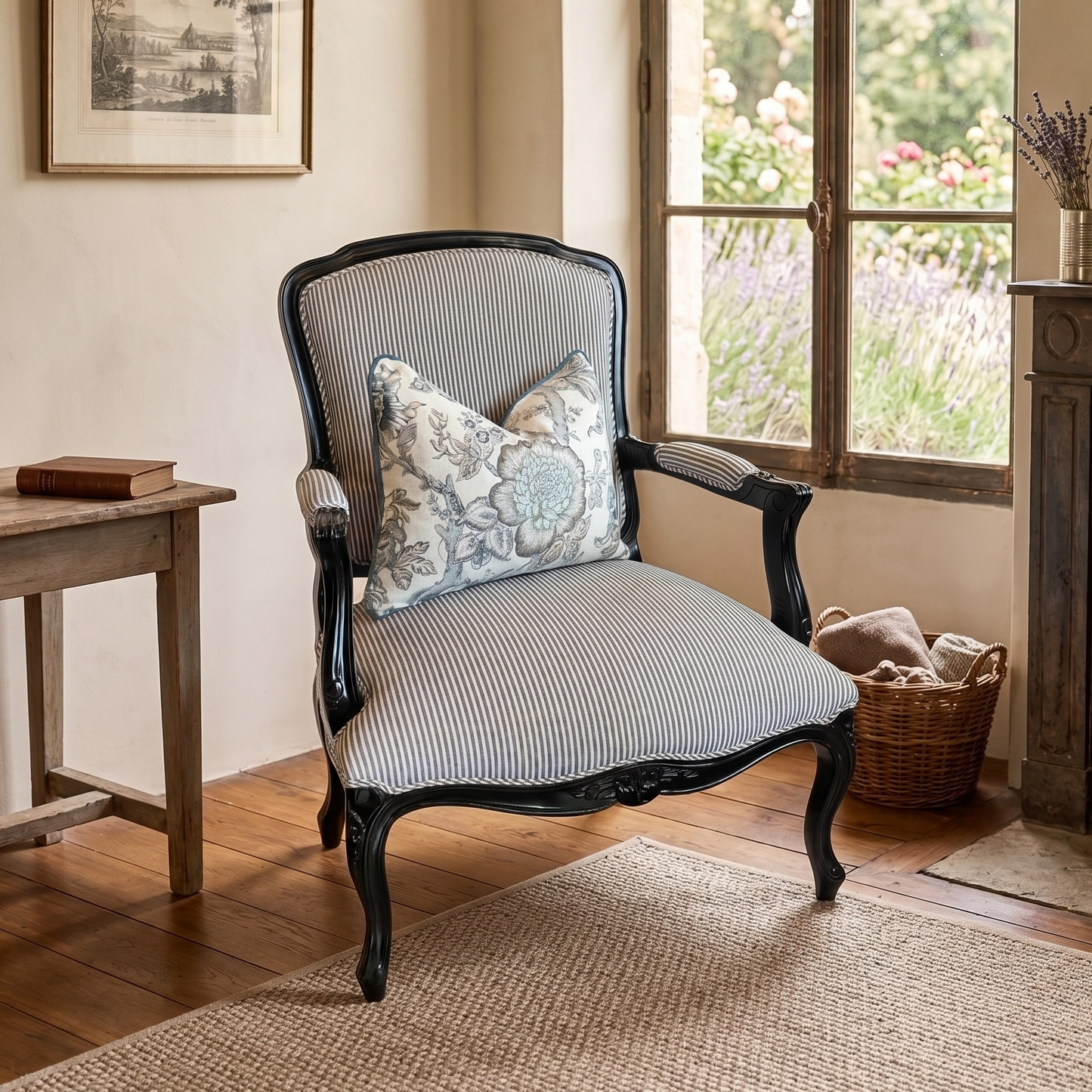 Decorative armchair with cushions in a room with a window, table, and fireplace.