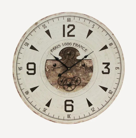 This French Wall Clock features a detailed printed wooden face with classic Arabic numerals and a second hand, adding timeless charm to any room.