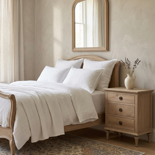 Bedroom with wooden bed and nightstand, white bedding, and a mirror on the wall.