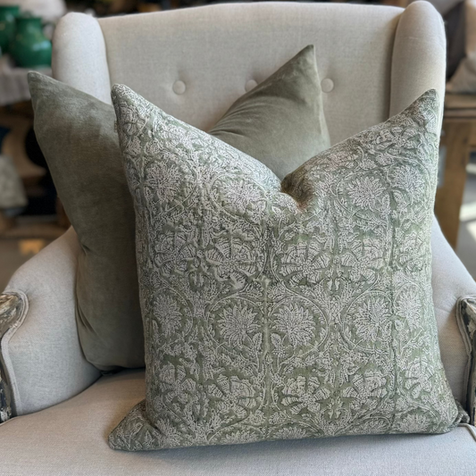 Paradise Block Printed Linen Green Cushion