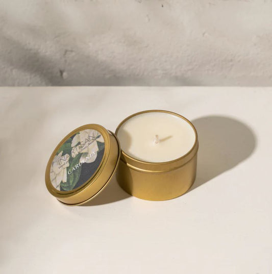 Hand Poured Soy Candle in Brass Travel Tin - Gardenia