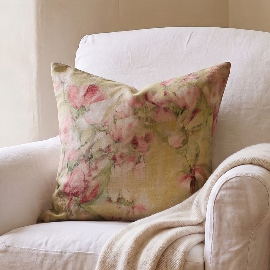 White armchair with floral pillow and blanket in a room with a window and small table.
