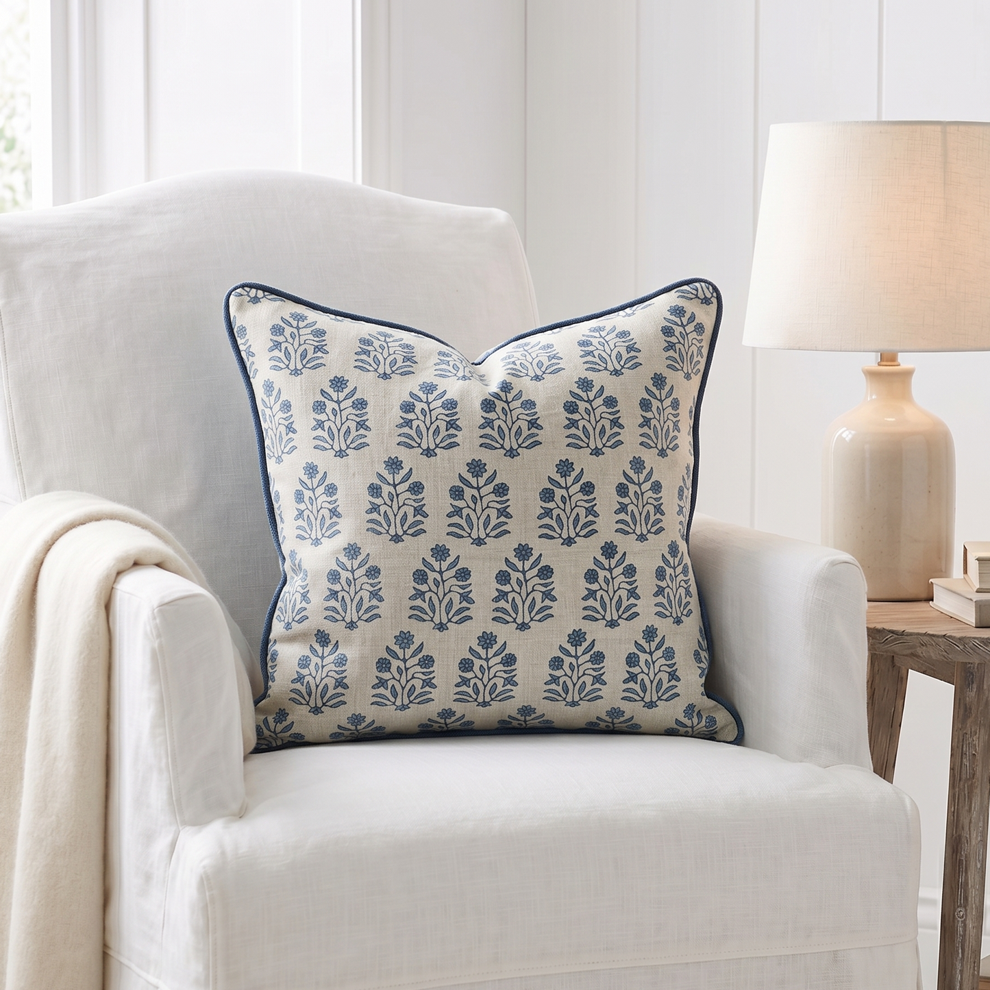 Amer Azur Oatmeal Navy Floral Linen Cushion