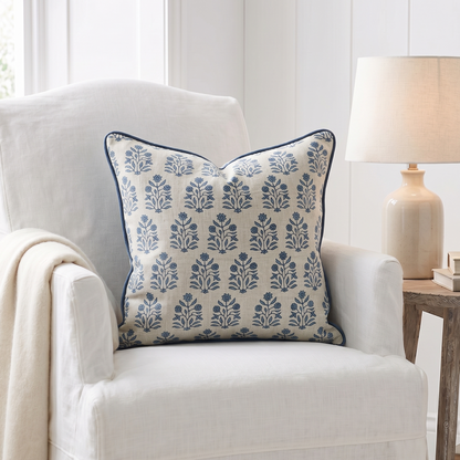 Amer Azur Oatmeal Navy Floral Linen Cushion