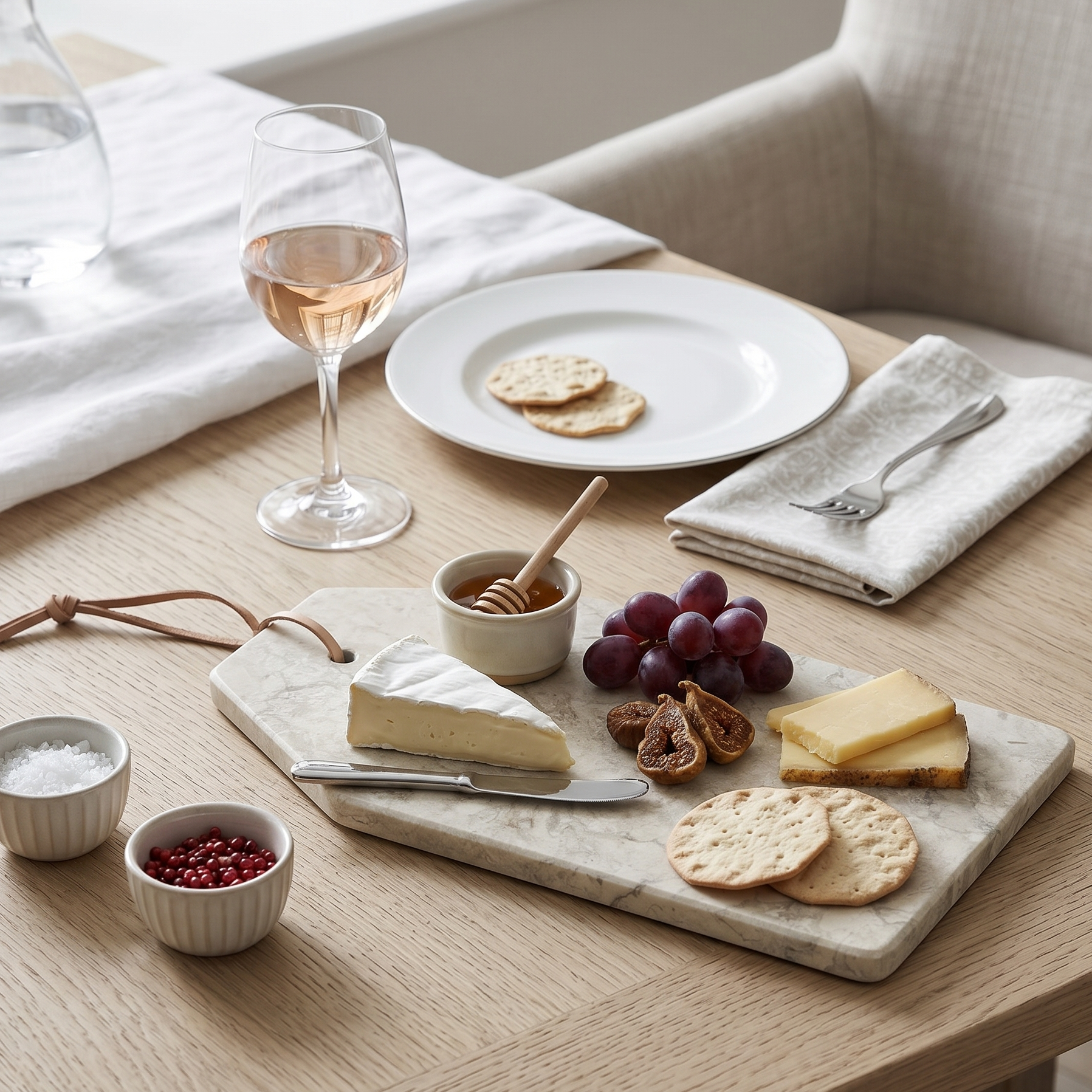 Table setting with cheeseboard, wine, and snacks on a wooden table.