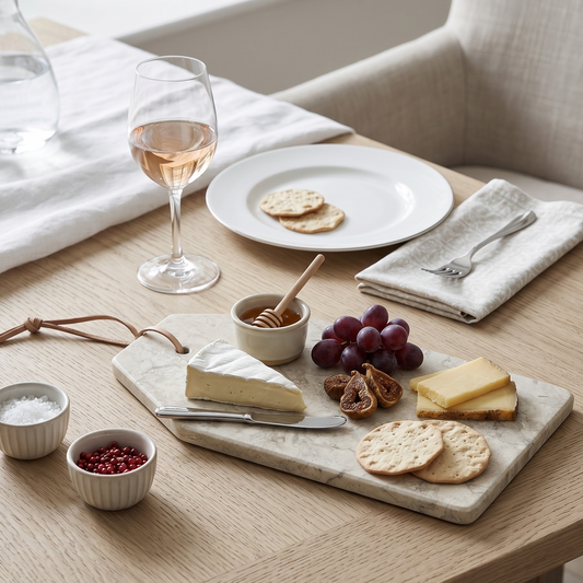 Table setting with cheeseboard, wine, and snacks on a wooden table.