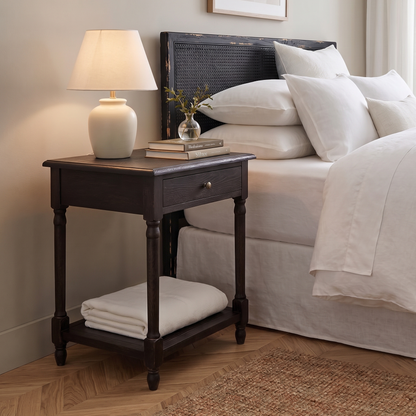 Bedroom with a wooden side table, lamp, and white bedding.