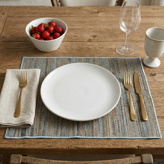 Dining table setting with a bowl of strawberries, wine glass, and cutlery on a wooden table.